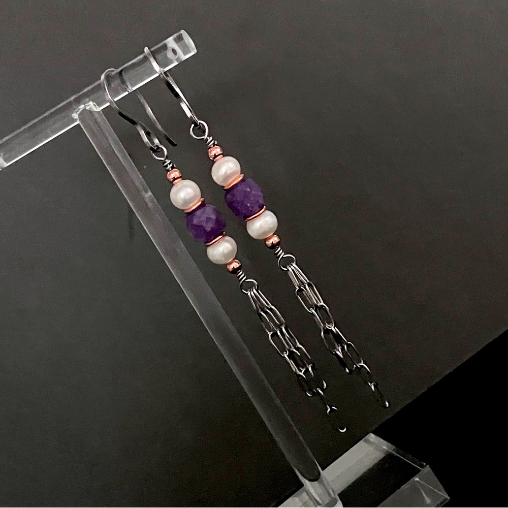 Amethyst Quartz & Freshwater Pearl Tassel Earrings in Copper & Stainless - Picture 8 of 8